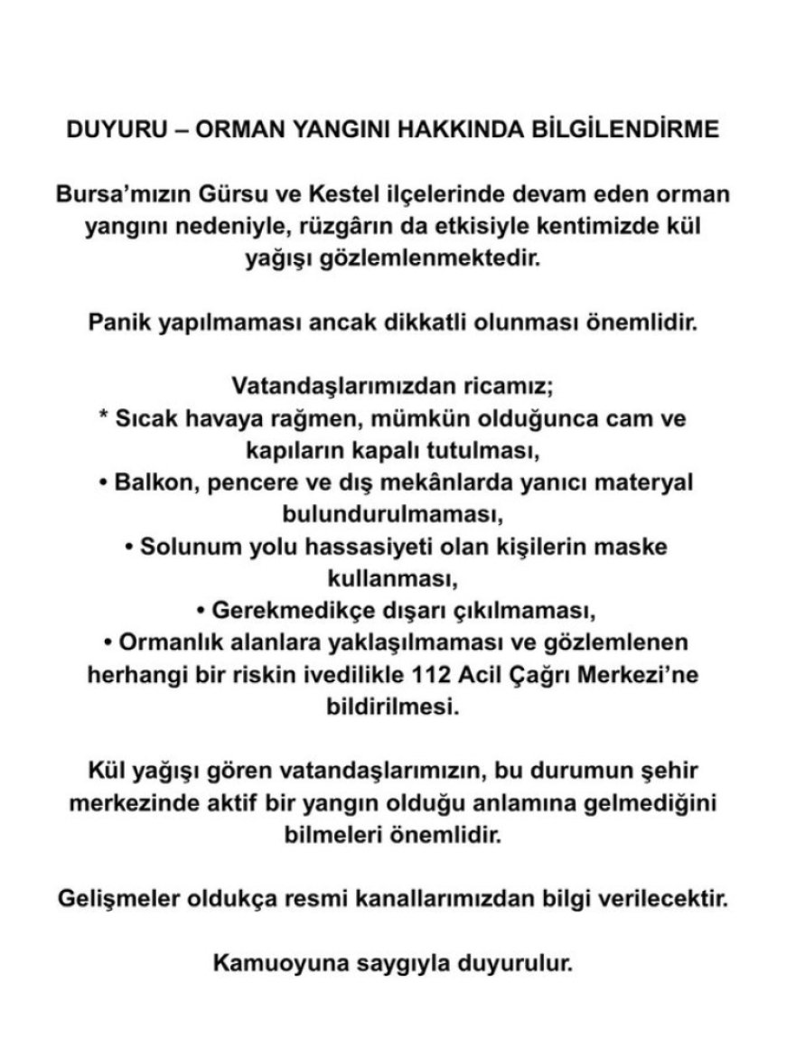 Bursa Büyükşehir’den ‘kül yağışı’ uyarısı!