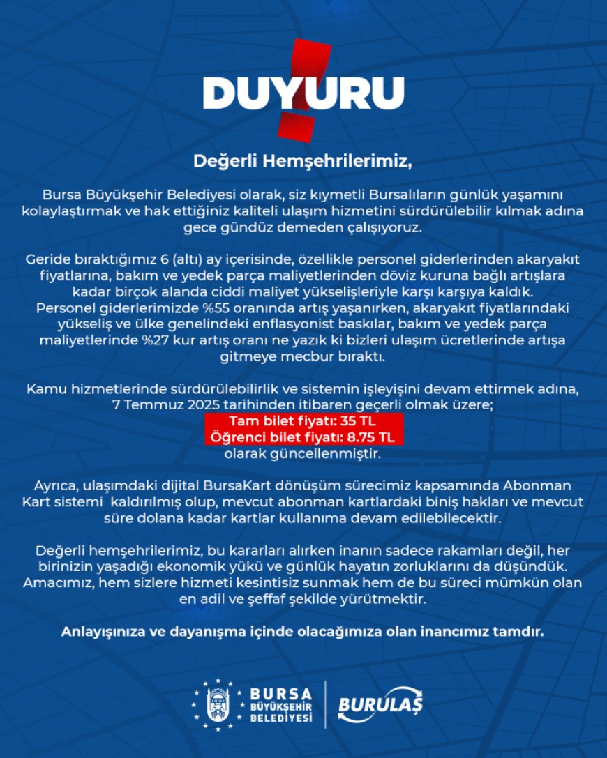 Bursa’da ulaşıma zam! Abonman kart sistemi de kaldırıldı!